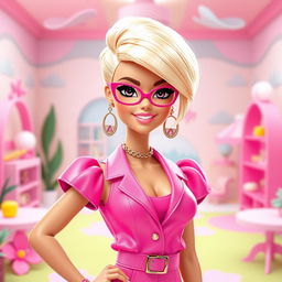 A stylish human character inspired by the iconic Barbie doll, with bright blonde hair styled in a sleek, modern cut