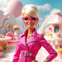 A stylish human character inspired by the iconic Barbie doll, with bright blonde hair styled in a sleek, modern cut