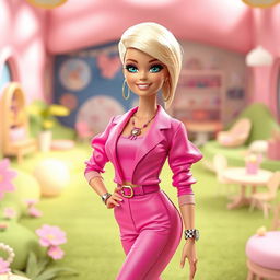 A stylish human character inspired by the iconic Barbie doll, with bright blonde hair styled in a sleek, modern cut