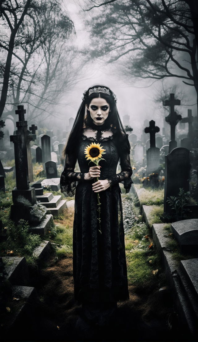 A gothic girl in a foggy graveyard holds a sunflower. She's dressed in Victorian-era black lace dress with dark makeup. The graveyard is filled with ancient tombstones surrounded by fog and bare trees. Cinematic lighting creates an eerie ambiance.