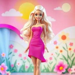 A fashionable human character inspired by the classic Barbie doll, featuring long, wavy blonde hair styled elegantly