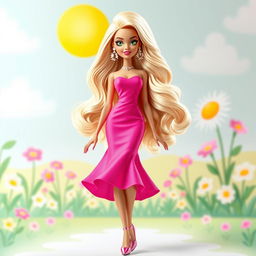 A fashionable human character inspired by the classic Barbie doll, featuring long, wavy blonde hair styled elegantly