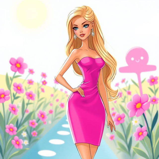 A fashionable human character inspired by the classic Barbie doll, featuring long, wavy blonde hair styled elegantly