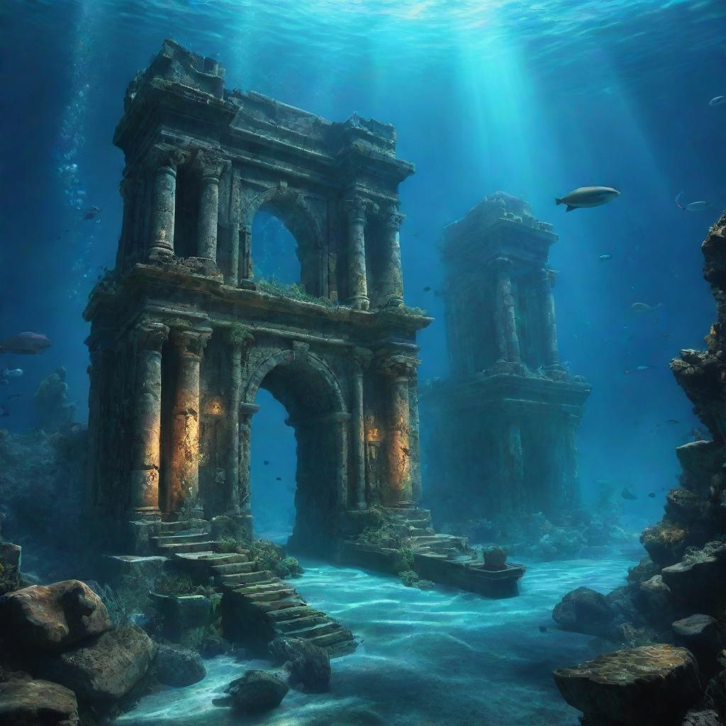 A grand underwater city of Atlantis, with glowing bioluminescent lights, ancient stone structures and thriving aquatic life.