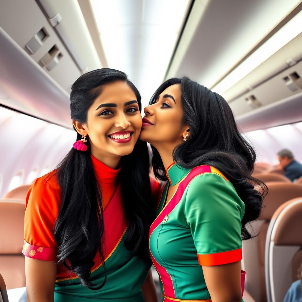 A friendly Indian air hostess with long black hair, wearing a stylish air hostess uniform in vibrant colors, stands in the aisle of an airplane, smiling warmly at the camera