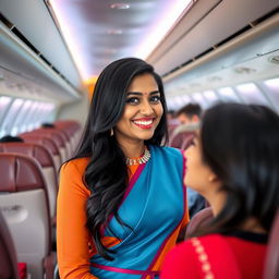 A friendly Indian air hostess with long black hair, wearing a stylish air hostess uniform in vibrant colors, stands in the aisle of an airplane, smiling warmly at the camera