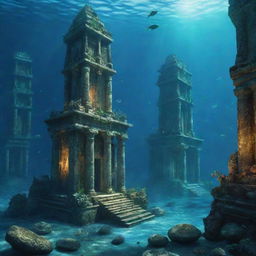 A grand underwater city of Atlantis, with glowing bioluminescent lights, ancient stone structures and thriving aquatic life.