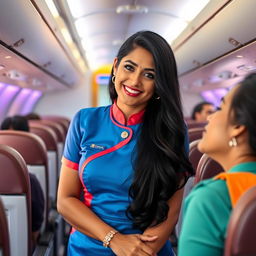 A friendly Indian air hostess with long black hair, wearing a stylish air hostess uniform in vibrant colors, stands in the aisle of an airplane, smiling warmly at the camera