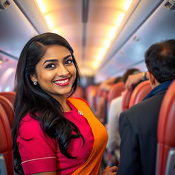 A friendly Indian air hostess with long black hair, wearing a stylish air hostess uniform in vibrant colors, stands in the aisle of an airplane, smiling warmly at the camera