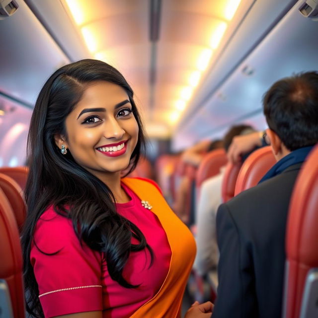 A friendly Indian air hostess with long black hair, wearing a stylish air hostess uniform in vibrant colors, stands in the aisle of an airplane, smiling warmly at the camera