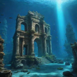 A grand underwater city of Atlantis, with glowing bioluminescent lights, ancient stone structures and thriving aquatic life.