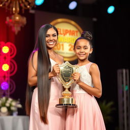 A proud moment on stage as a mother and her daughter are honored with a golden shield trophy