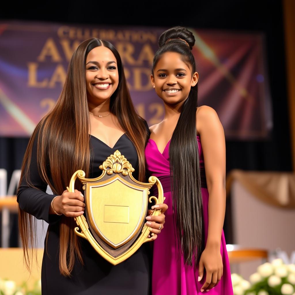 A proud moment on stage as a mother and her daughter are honored with a golden shield trophy