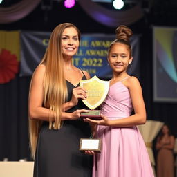 A proud moment on stage as a mother and her daughter are honored with a golden shield trophy