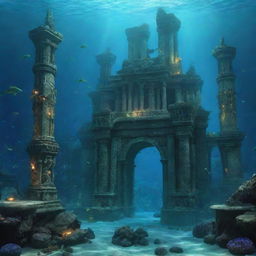 A grand underwater city of Atlantis, with glowing bioluminescent lights, ancient stone structures and thriving aquatic life.