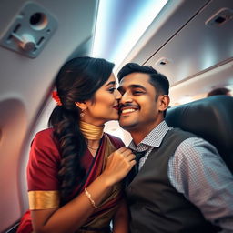 An Indian air hostess with a warm smile, wearing a stylish airline uniform, in the interior of an airplane, playfully leaning towards a male passenger