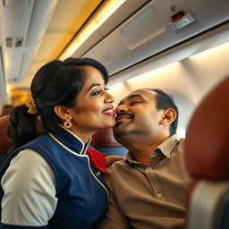 An Indian air hostess with a warm smile, wearing a stylish airline uniform, in the interior of an airplane, playfully leaning towards a male passenger