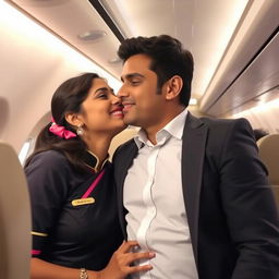 An Indian air hostess with a warm smile, wearing a stylish airline uniform, in the interior of an airplane, playfully leaning towards a male passenger