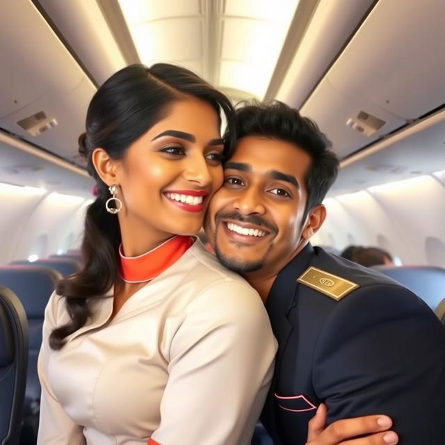 An Indian air hostess with a warm smile, wearing a stylish airline uniform, in the interior of an airplane, playfully leaning towards a male passenger