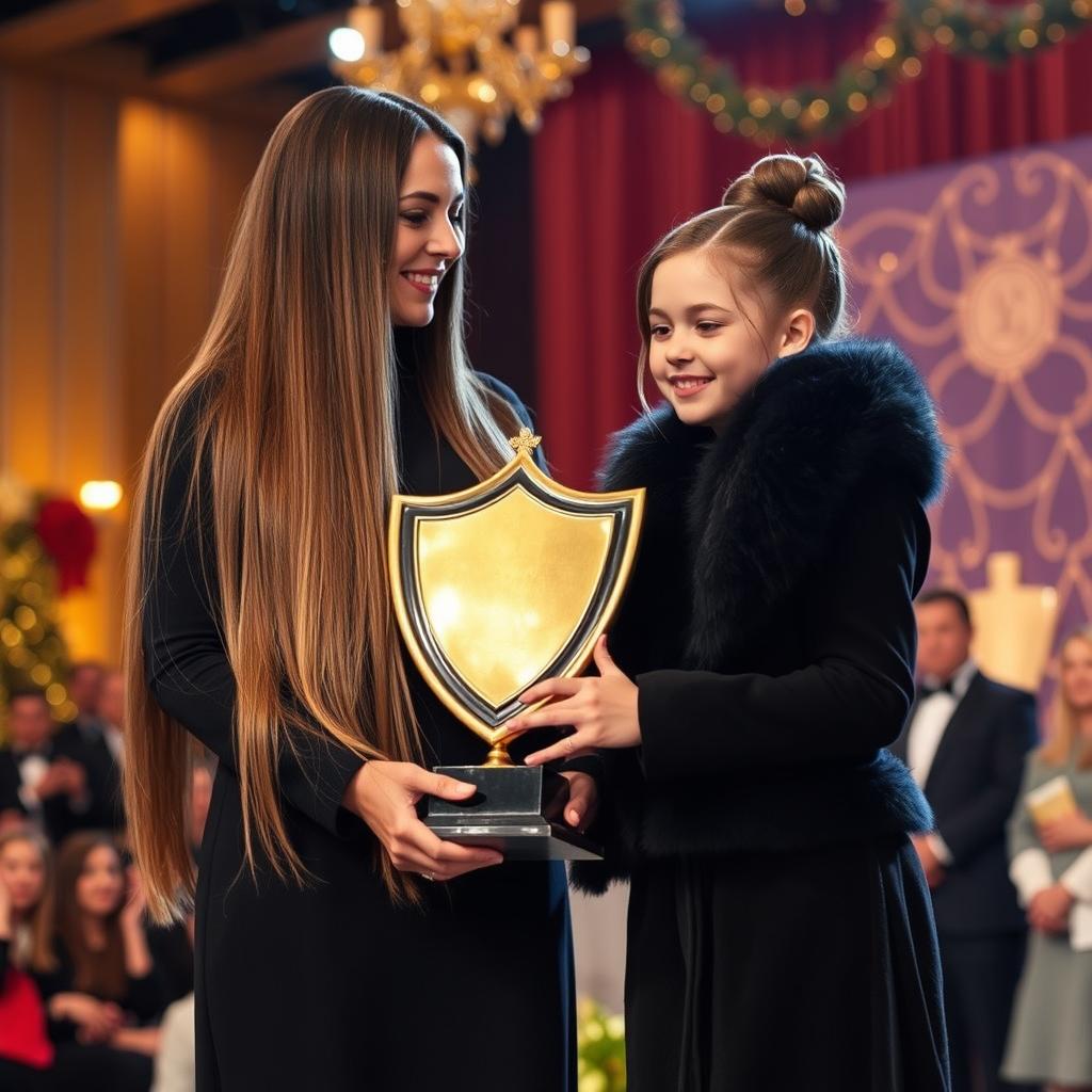 A touching scene on stage as a mother and her daughter are honored with a golden shield trophy