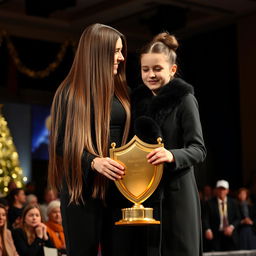 A touching scene on stage as a mother and her daughter are honored with a golden shield trophy