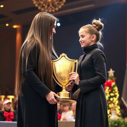 A touching scene on stage as a mother and her daughter are honored with a golden shield trophy