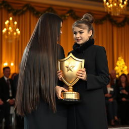 A touching scene on stage as a mother and her daughter are honored with a golden shield trophy