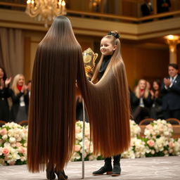 A heartwarming scene on stage where a mother and her daughter are being honored with a golden shield trophy