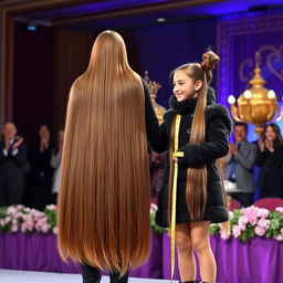 A heartwarming scene on stage where a mother and her daughter are being honored with a golden shield trophy