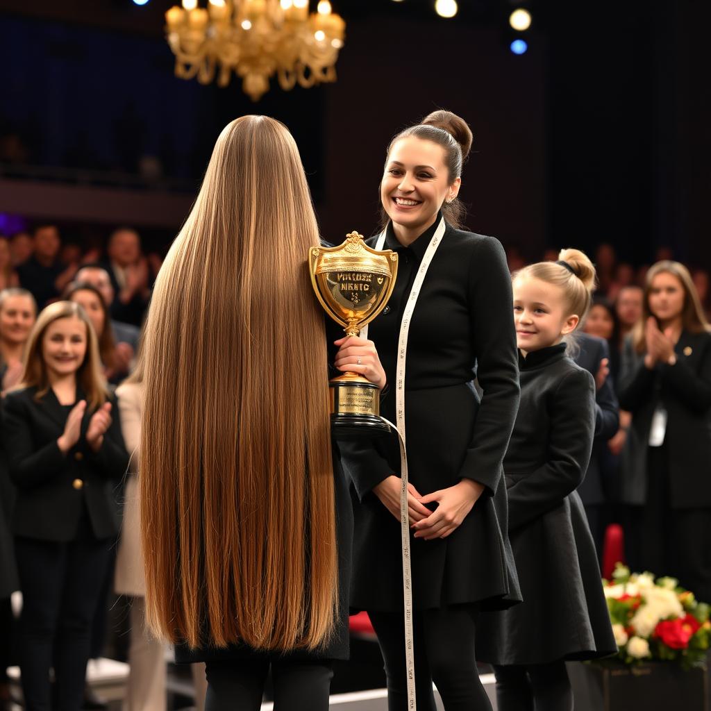 A heartwarming scene on stage where a mother and her daughter are being honored with a golden shield trophy