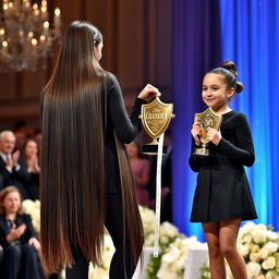 A heartwarming scene on stage where a mother and her daughter are being honored with a golden shield trophy