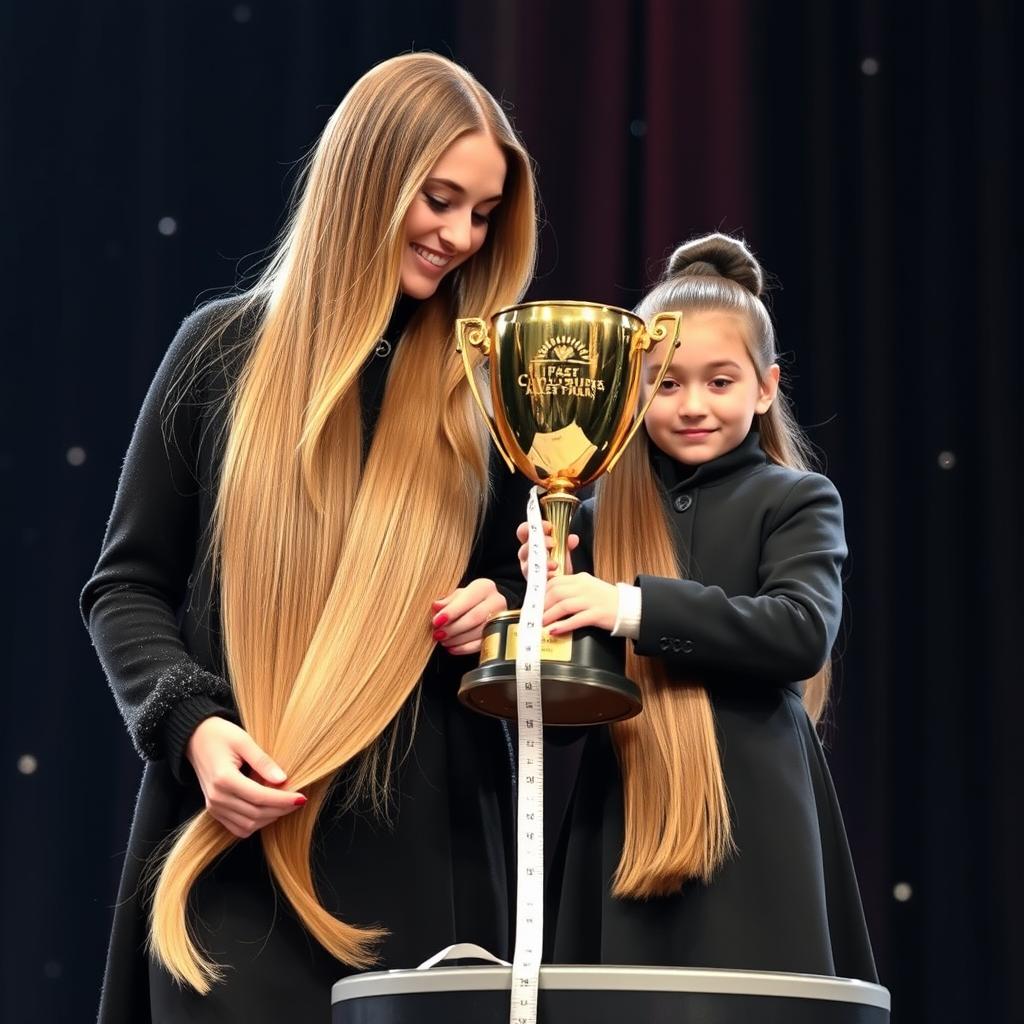 A heartwarming scene of a mother and her daughter being honored on a stage with a golden trophy