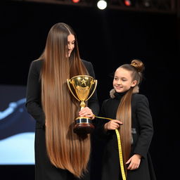 A heartwarming scene of a mother and her daughter being honored on a stage with a golden trophy