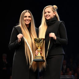 A heartwarming scene of a mother and her daughter being honored on a stage with a golden trophy