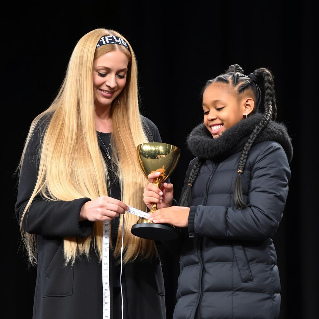 A touching scene of a mother and her daughter being honored on a stage with a golden trophy