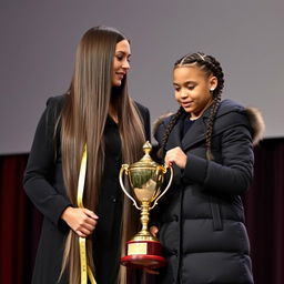 A touching scene of a mother and her daughter being honored on a stage with a golden trophy