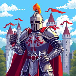 A captivating pixel art depiction of a medieval knight in full armor, without a shield