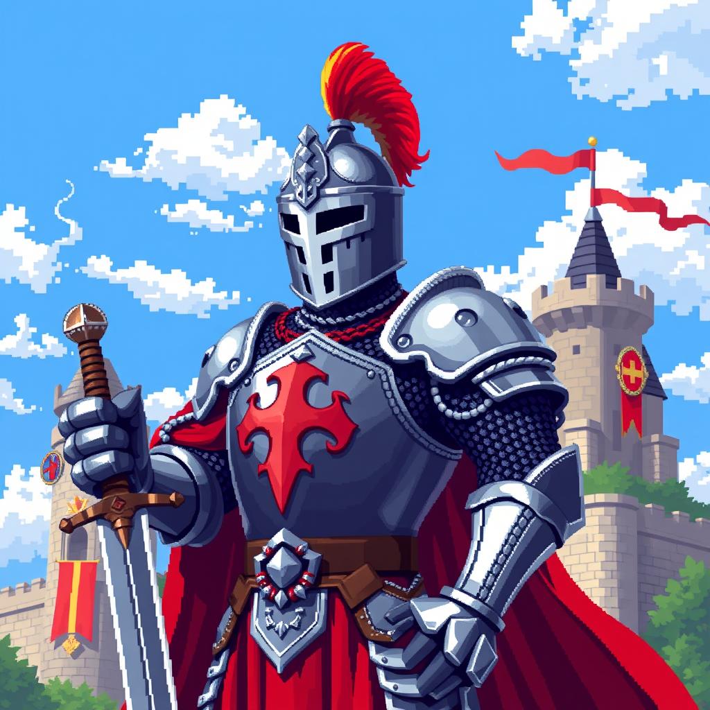 A captivating pixel art depiction of a medieval knight in full armor, without a shield