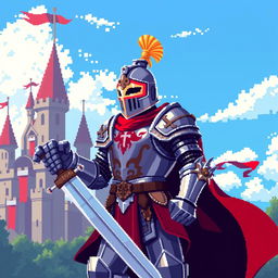A captivating pixel art depiction of a medieval knight in full armor, without a shield