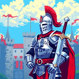 A captivating pixel art depiction of a medieval knight in full armor, without a shield