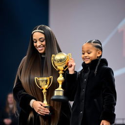 A beautiful scene of a mother and her daughter being honored on a stage with a golden trophy