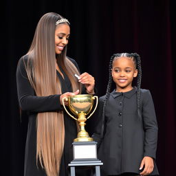 A beautiful scene of a mother and her daughter being honored on a stage with a golden trophy