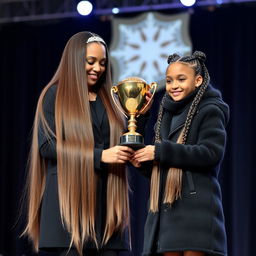 A beautiful scene of a mother and her daughter being honored on a stage with a golden trophy