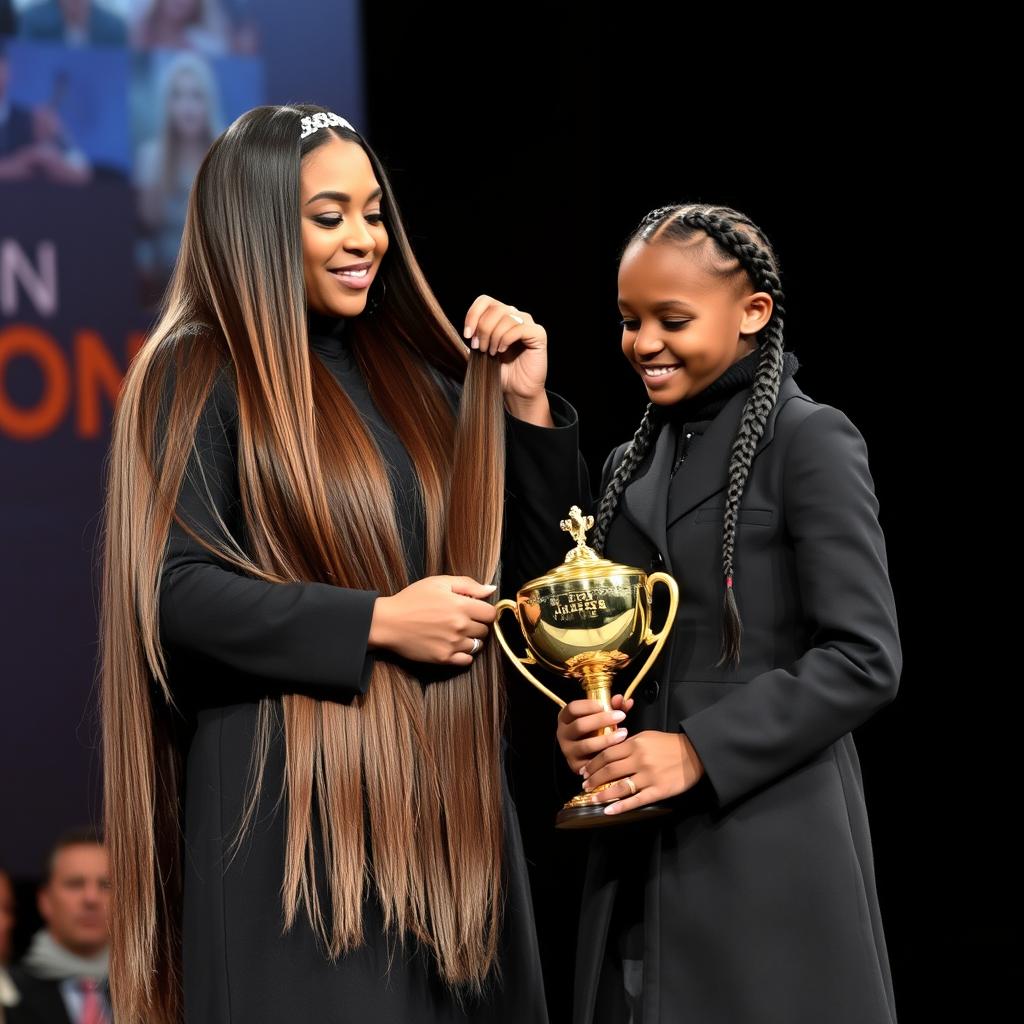 A beautiful scene of a mother and her daughter being honored on a stage with a golden trophy