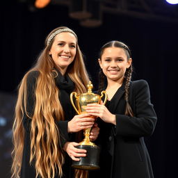 A proud scene of a mother and daughter, both with fair skin, standing on a stage to receive a golden trophy