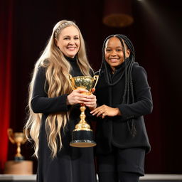 A proud scene of a mother and daughter, both with fair skin, standing on a stage to receive a golden trophy