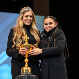 A proud scene of a mother and daughter, both with fair skin, standing on a stage to receive a golden trophy