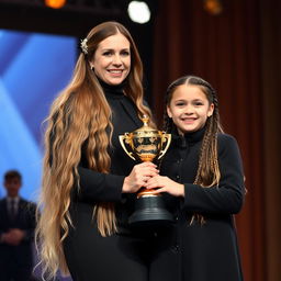 A proud scene of a mother and daughter, both with fair skin, standing on a stage to receive a golden trophy