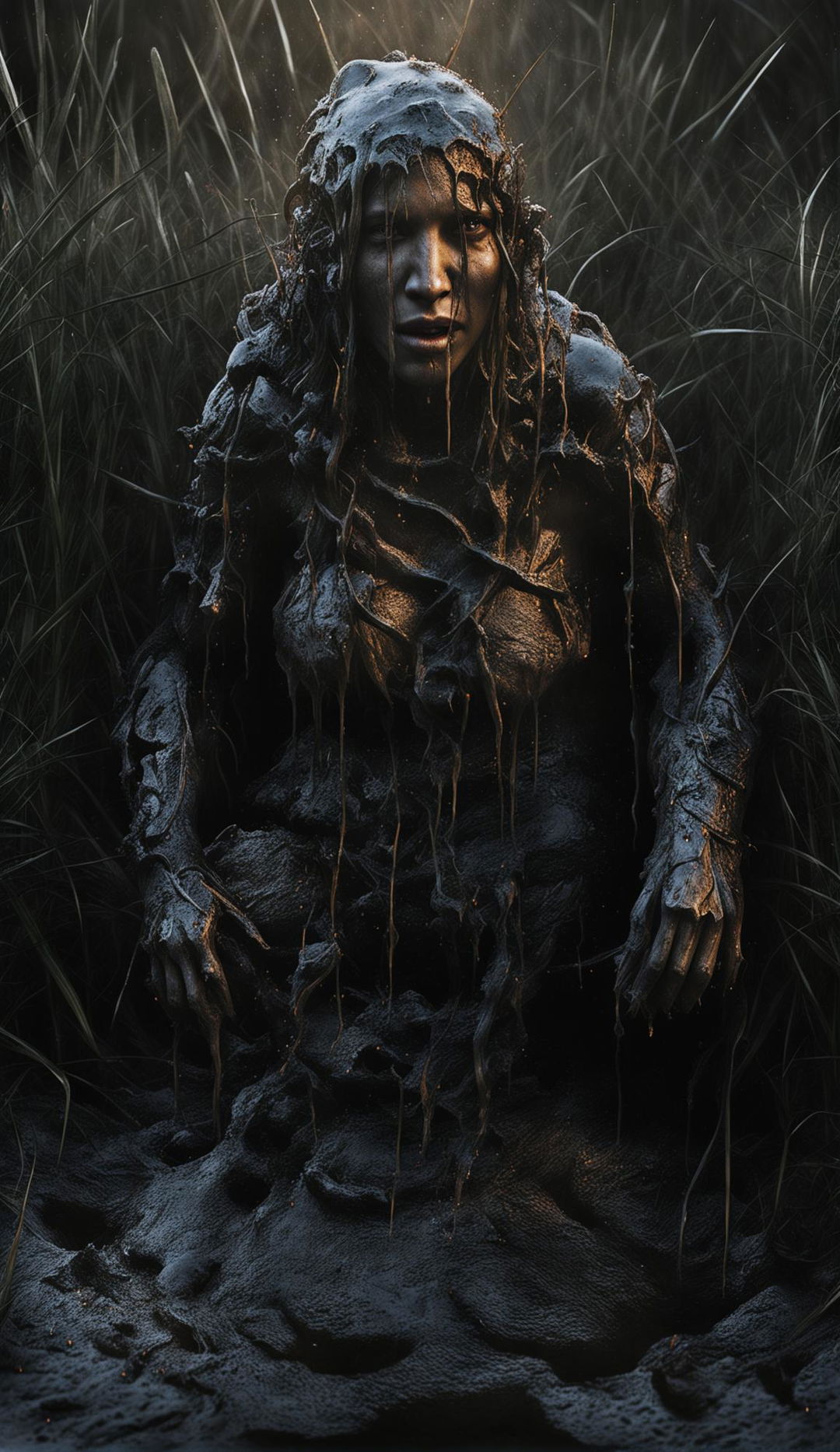 HDR photorealistic image of a powerful mud spirit rising from a dark ditch at the edge of an overgrown field under storm lighting. Her face is plain but strong, showing vibrant emotion as she rises like a slow-motion geyser, dripping dark mud.