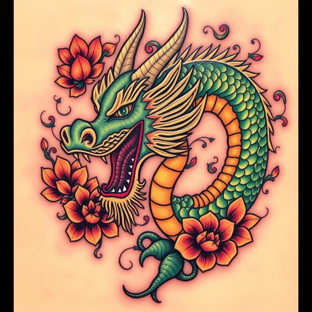 A striking Balinese dragon tattoo design featuring intricate patterns and vibrant detailing